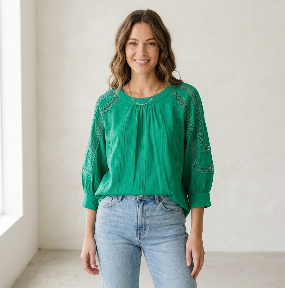 Skies Are Blue Blouse Womens Large Emerald Green Crochet Lace 3/4 Sleeve Boho